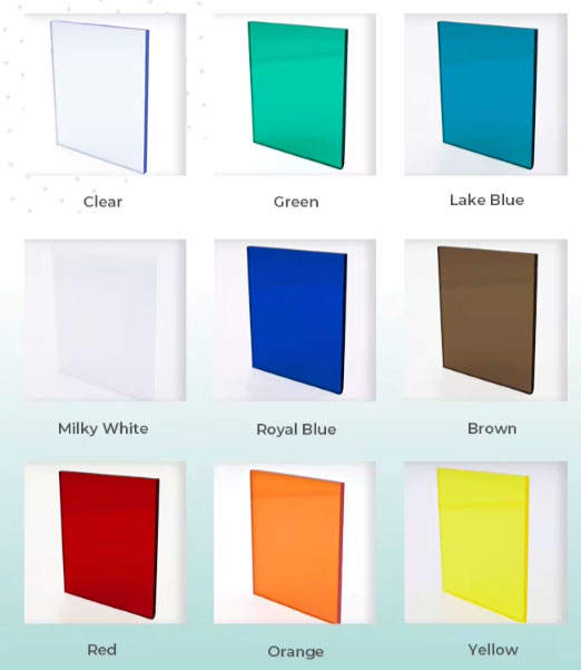 Muestra de colores de hojas de policarbonato de 4mm que muestra varias opciones de color