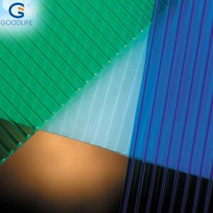 Panel hueco de 6mm en azul, verde y blanco, ideal para usos decorativos y funcionales, fabricado con hoja de policarbonato de alta calidad