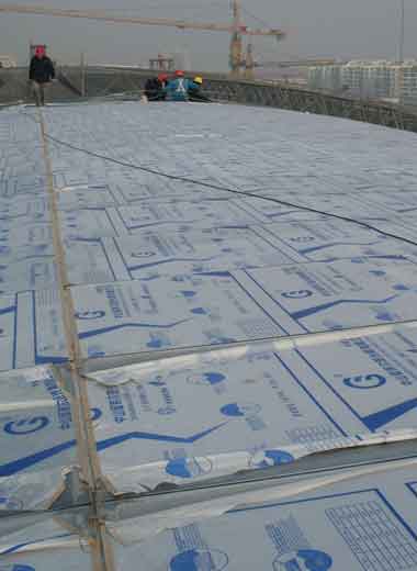 Proyecto del Centro Deportivo Shenzhen Bay con trabajadores instalando 16,728 metros cuadrados de láminas sólidas de policarbonato Goodlife de 3.5 mm