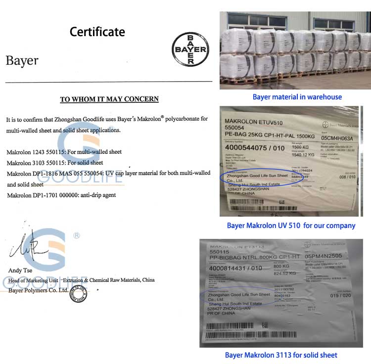 Certificación de materia prima de Bayer mostrando prueba de origen de los materiales utilizados