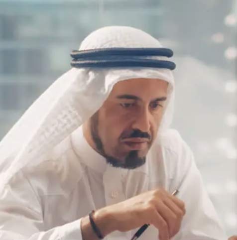 Hombre árabe con vestimenta tradicional, usando un traje oscuro y cubrecabeza, de pie con confianza frente a un fondo de oficina moderna, representando a un Director de Proyecto en la industria de materiales de construcción